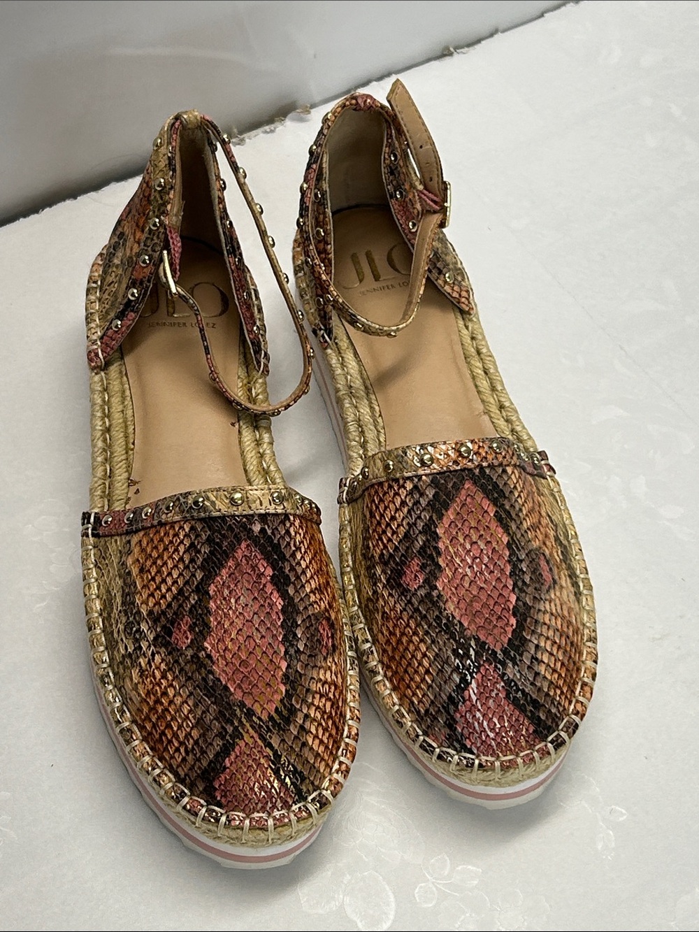 Women's Pink Snake-Print Espadrille Sandals with Ankle Strap